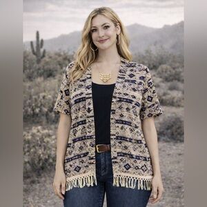 MEDIUM Kimono style shawl cover-up FOREVER 21 BOHO fringe hem open front wrap